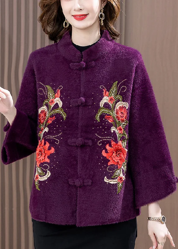 Timeless Outfits Purple Zircon Embroidered Mink Velvet Spring Coat Stand Collar