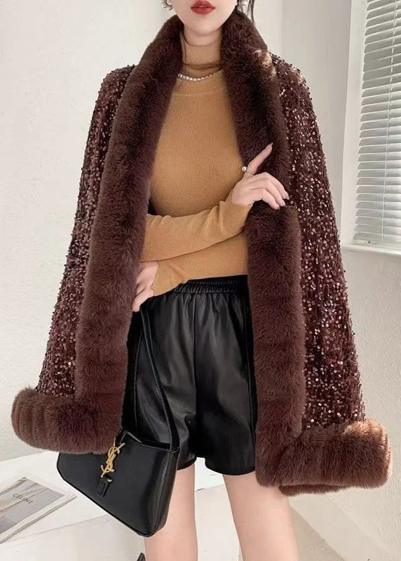 Stylish Casuals Women Coffee V Neck Sequins Patchwork Warm Fleece Coat Batwing Sleeve Stylish Casuals Women Coffee V Neck Sequins Patchwork Warm Fleece Coat Batwing Sleeve