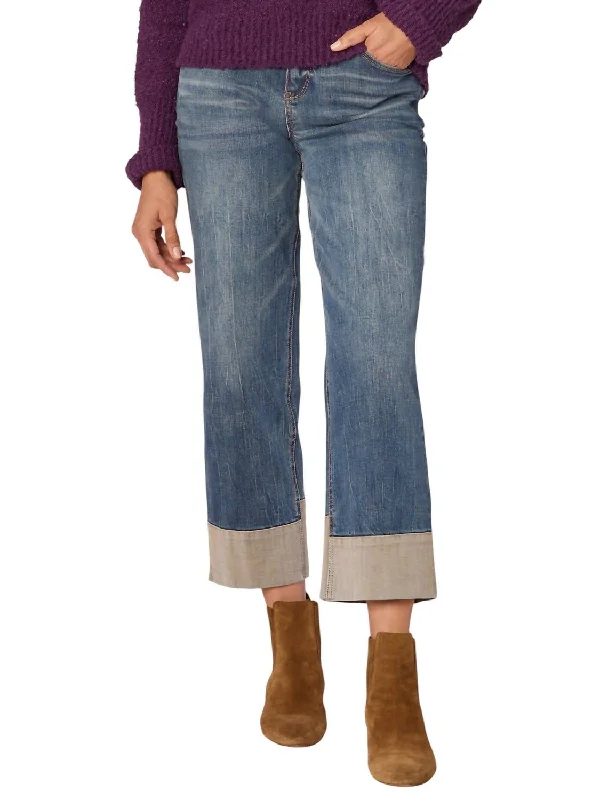 Comfy Layers High Rise Round Up Reverse Self Panel Boyfriend Jeans In Mid Blue Artisanal