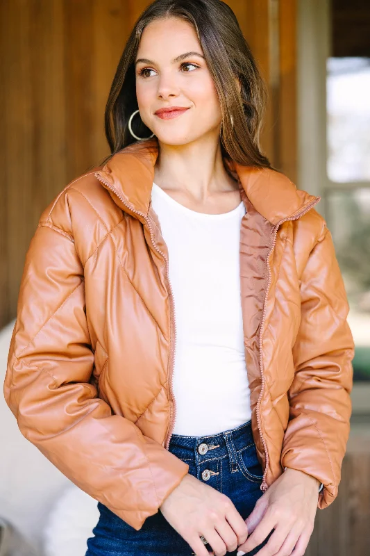 Warm Layers Meet You There Camel Brown Faux Leather Puffer Jacket