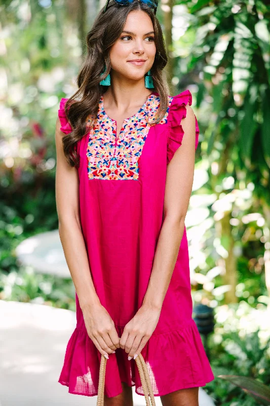 Breezy Comfort Be Seen Fuchsia Pink Embroidered Dress