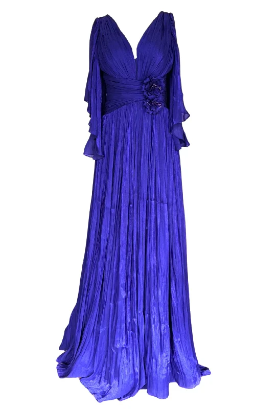Classic Comfort Elegant Chiffon Evening Dress Gown with Floral Brooch in Blue