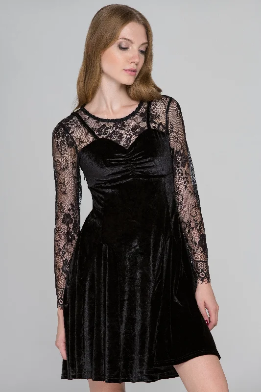 Cozy Lifestyle Black Velvet Lace Sleeves Mini Dress