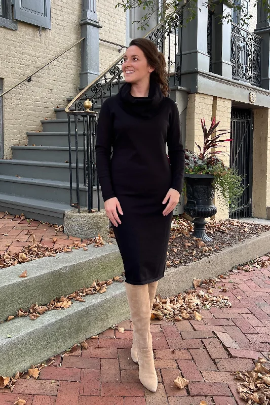 Sporty Comfort THE EMERY COWL NECK SWEATER DRESS IN EBONY (FINAL SALE)