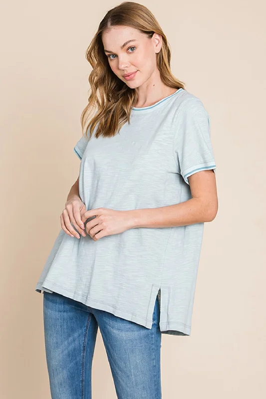 Casual Chic Outfits Contrast Trim Short Sleeve Slit T-Shirt