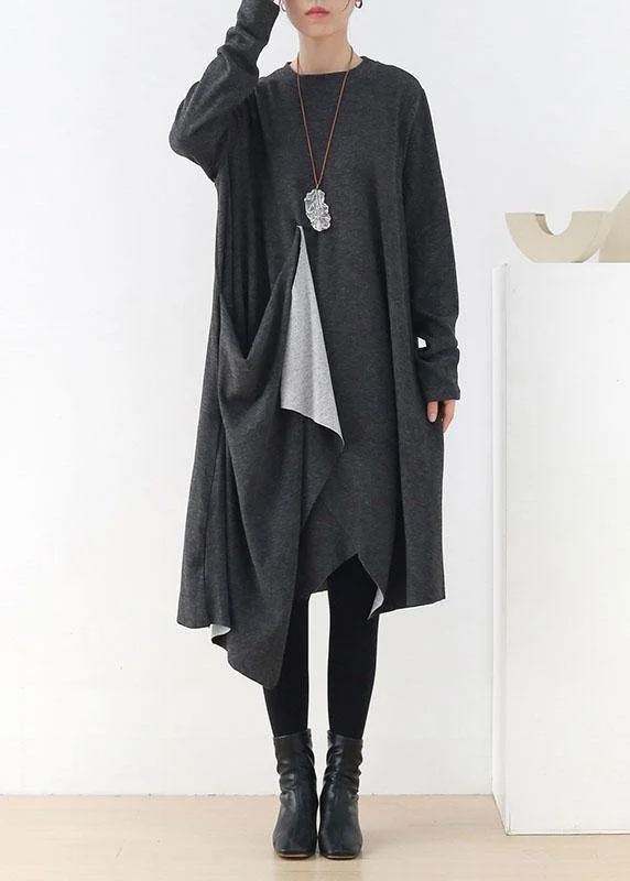 Easy Wear Chic French Grey O-Neck Patchwork Fall Dress Long Sleeve