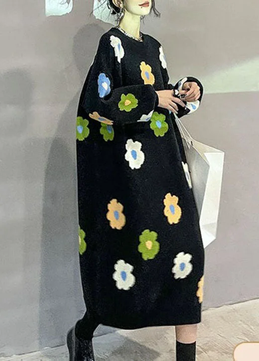 Casual Comfort Plus Size Natural Black Floral thick Knit Dress Winter