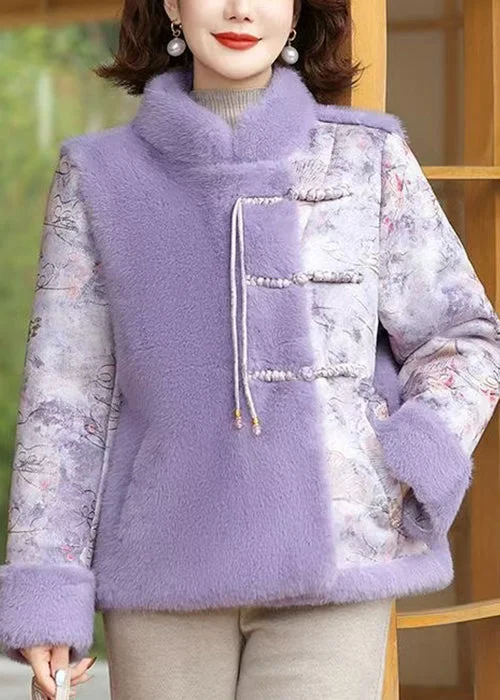 Elegant Casuals Purple Pockets Patchwork Mink Velvet Coat Stand Collar Winter