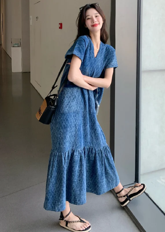Casual Chic Looks New Blue V Neck Pockets Denim Long Dress Summer