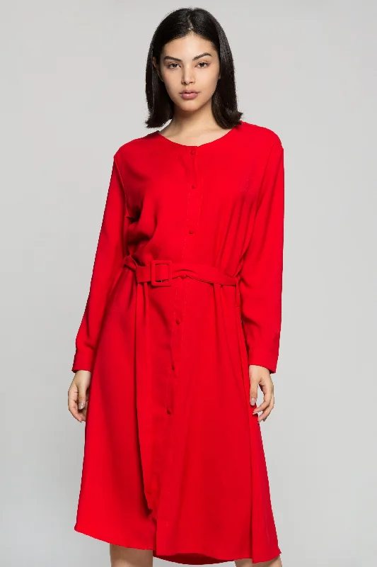 Comfy Dress Candy Red Button Up Midi Dress with Belt