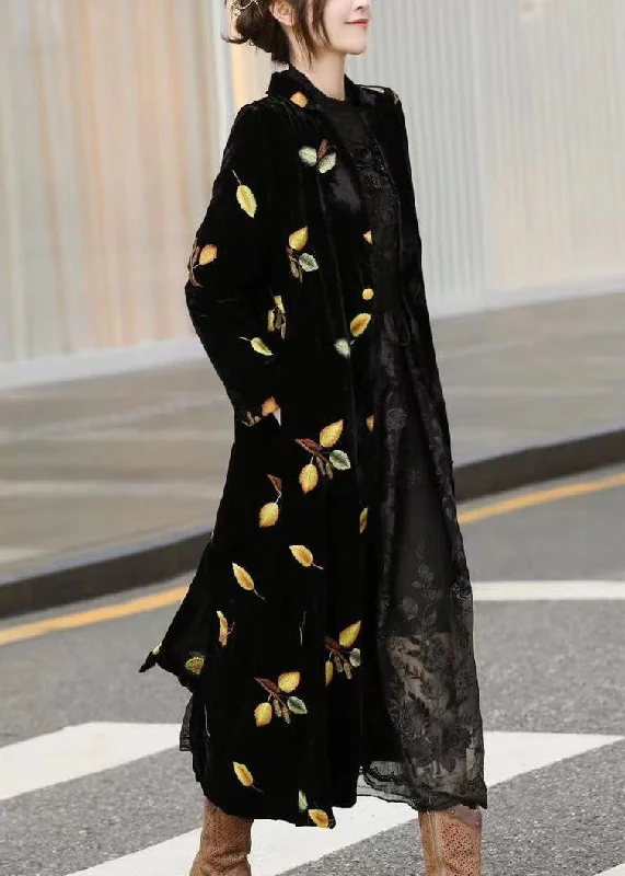 Elegant Dressing Italian Black Notched Embroideried Patchwork Silk Long Coat Long Sleeve