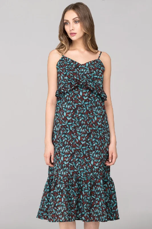 Versatile Casuals Blue Green Berry Leaf Print flounced Midi Dress