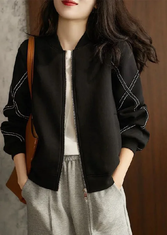 Relaxed Looks Casual Black Stand Collar Oversized Cotton Jackets Fall