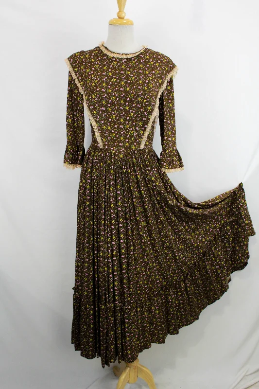 Warm Wear Vintage 1960s Brown Floral Prairie Dress and Bonnet, 1967 Centennial Maxi Dress