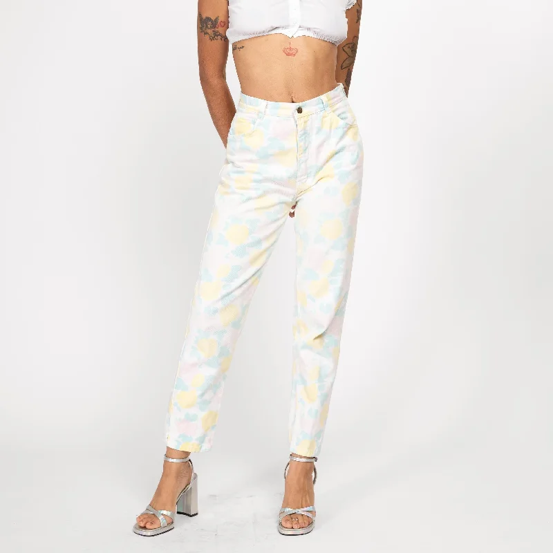 Versatile Outfits Small 80s Pastel Rose Floral High Waisted Jeans 26"