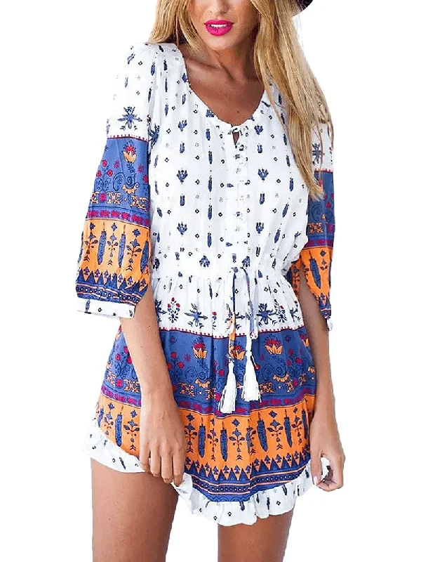Cozy Chic Trends Printed Floral Drawstring Scoop Neck 3/4 Sleeve Dress for Women
