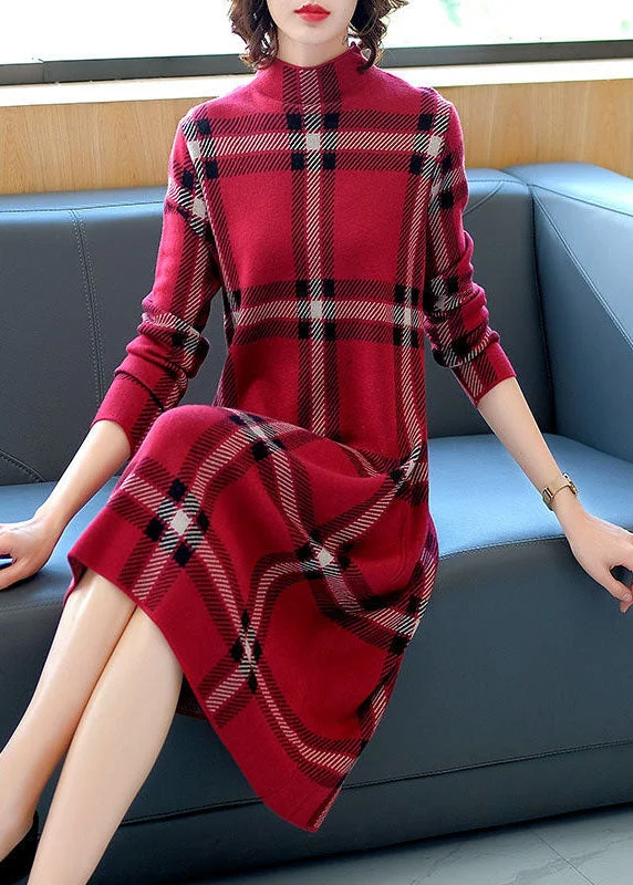Relaxed Tops Italian Red High Neck Plaid Cashmere Knit Sweater Dress Long Sleeve