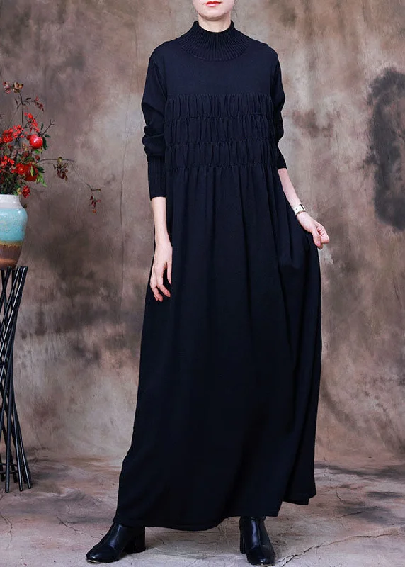 Elegant Casuals Fitted Black wrinkled Turtle Neck Knit Holiday Dresses Spring
