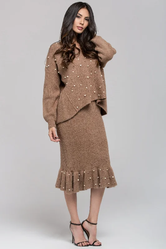 Breezy Comfort Brown Knit Pearl Detail Sweater and Skirt Set