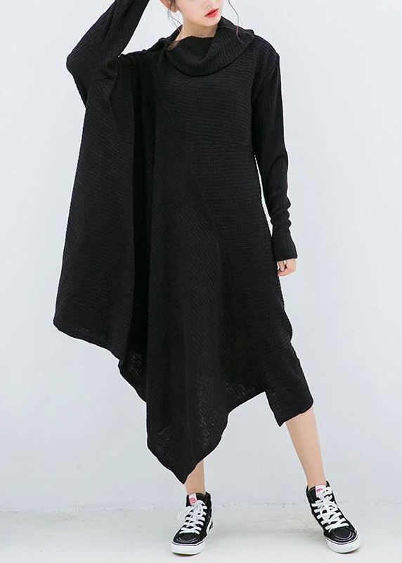 Relaxed Fits Knitted black Sweater dresses Design asymmetric Big high neck knitted tops Relaxed Fits Knitted black Sweater dresses Design asymmetric Big high neck knitted tops