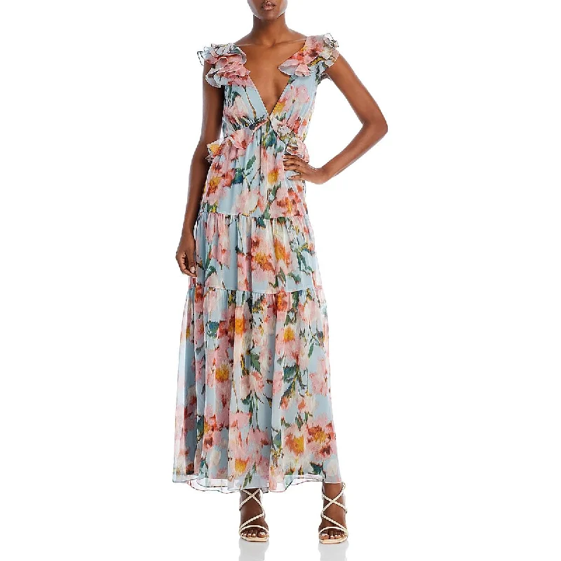 Easy Comfort Style Aqua Womens Chiffon Ruffled Maxi Dress