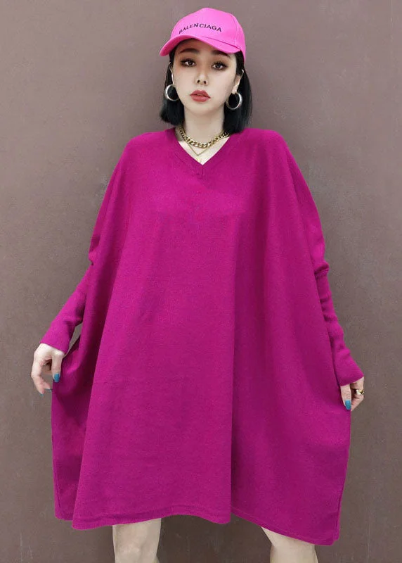 Warm Chic Plus Size Rose V Neck Solid Knit Dress Spring