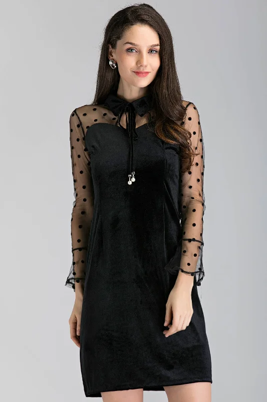 Casual Ease Black Velvet Sheer Sleeve Polka Dot Sleeve Midi Dress