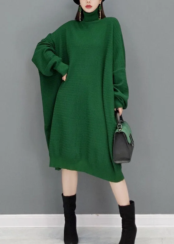 Cozy Outerwear Plus size Green Turtle Neck Knit Sweater dresses Batwing Sleeve