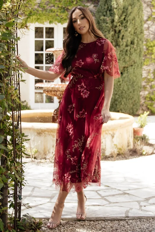Cozy Footwear Arabella Embroidered Tulle Maxi Dress | Burgundy Floral