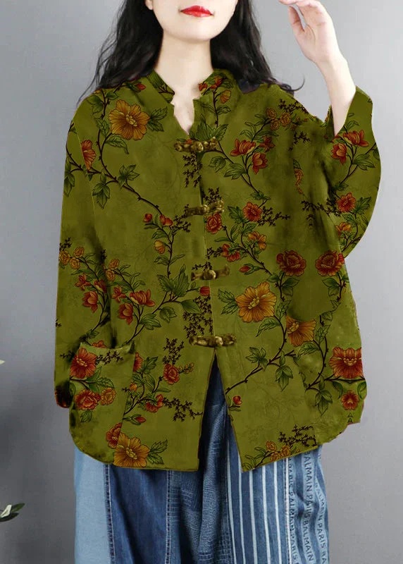 Trendy Looks Chinese Style Green Print Pockets Button Patchwork Cotton Coats Long Sleeve Trendy Looks Chinese Style Green Print Pockets Button Patchwork Cotton Coats Long Sleeve