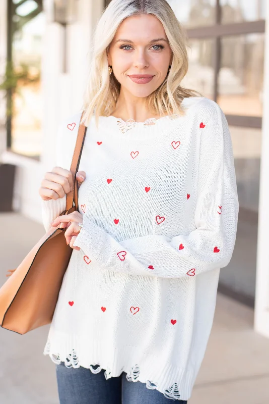 Comfortable Sweaters Full Of Love Ivory White Heart Sweater