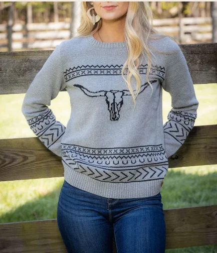 Cozy Chic Wear Women's Longhorn Cinnamon Crew Neck Sweater