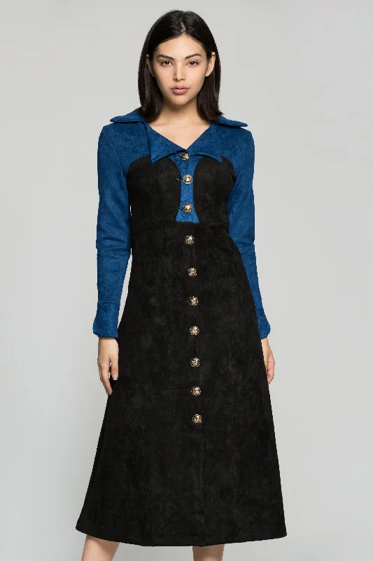 Soft Trends Blue and Black Italian Collar Midi Dress