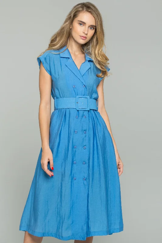 Relaxed Tops Blue Double Buttoned-Down Belted Shirt Dress
