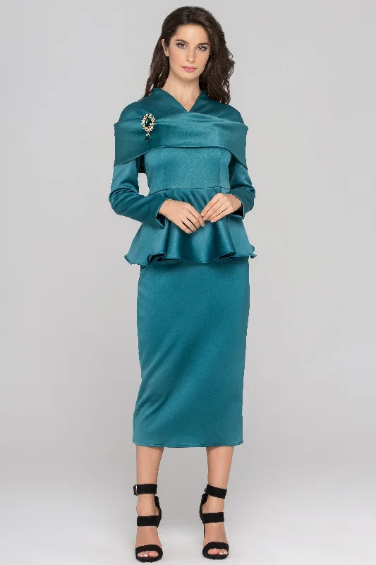 Classic Comfort Blue Green Sleeved Satin Peplum Midi Dress
