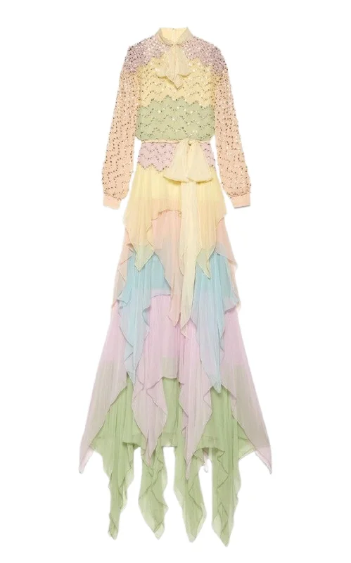 Soft Feel Ruffled Gown Embellished with Pearls Rhinestones