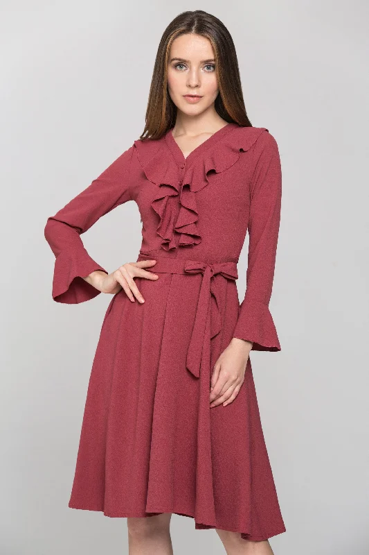 Cozy Fashion Brick Red Ruffled Gabot Midi Dress
