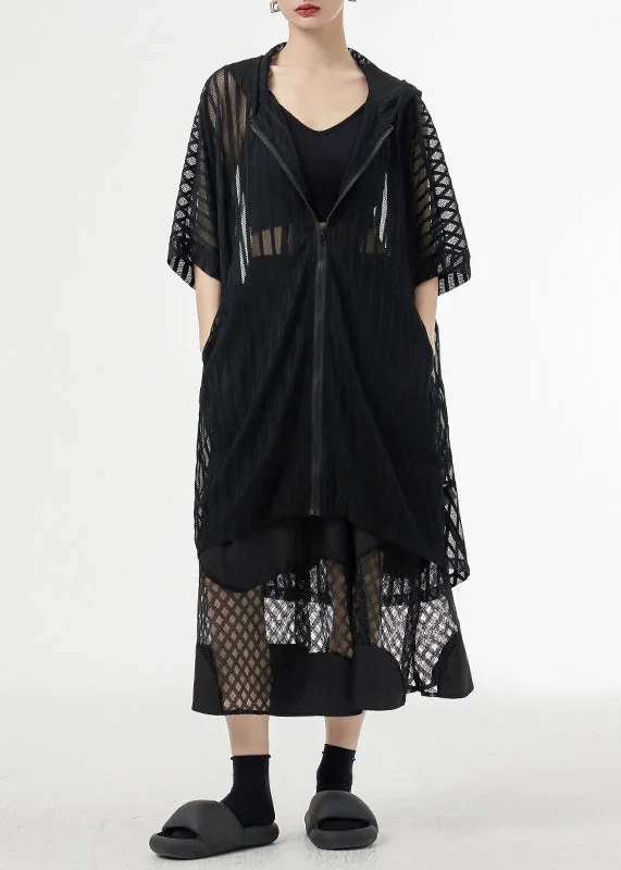Layered Style Black Zippered Pockets Patchwork Tulle UPF 50+ Coat Hooded Summer