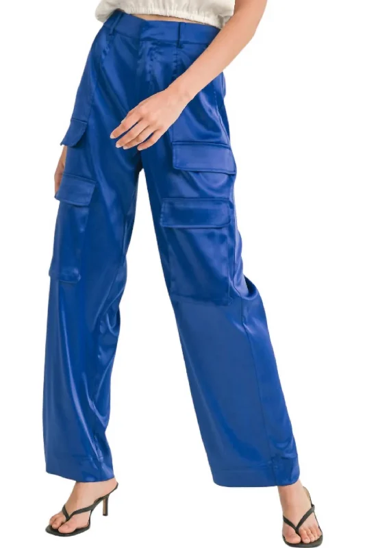 Cozy Outerwear Cassie Satin Cargo Pants In Slate Blue