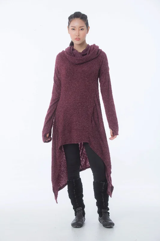 Trendy Layers Ultra Long Hooded Sweater in Maroon
