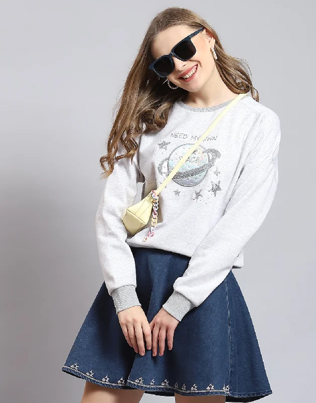 Comfortable Tops Women Grey Melange Embellished Round Neck Full Sleeve Sweatshirt