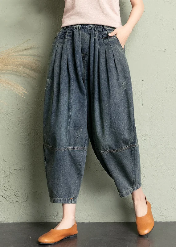 Comfortable Tops New Blue Pockets Elastic Waist Denim Crop Pants Summer