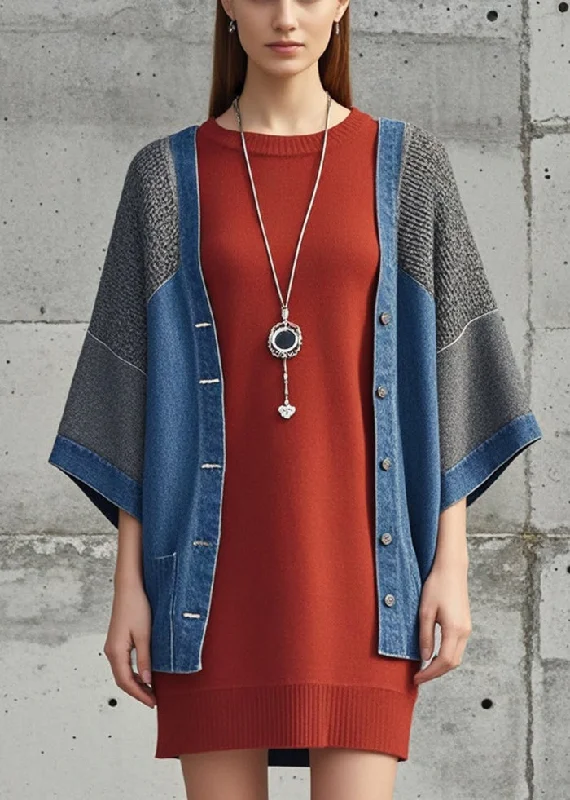 Comfortable Sweaters Plus Size Denim Blue Oversized Patchwork Knit Cardigan Fall