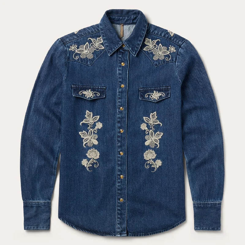 Simple Looks Floral Embroidered Dark Denim Shirt
