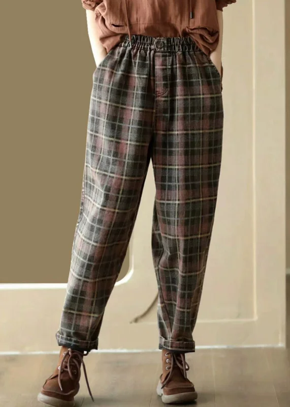 Comfortable Fashion Looks Italian Plaid Pockets Elastic Waist Denim Crop Pants Spring