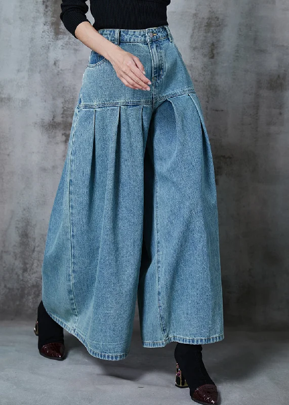 Cozy Lifestyle Elegant Blue High Waist Patchwork Denim Wide Leg Pant Skirts Summer