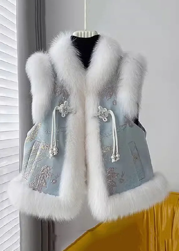 Light Dressing Blue Chinese Button Patchwork Cotton Filled Waistcoat Fur Collar Winter Light Dressing Blue Chinese Button Patchwork Cotton Filled Waistcoat Fur Collar Winter