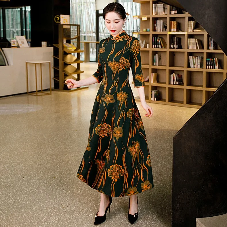 Light Fit 3/4 Sleeve Cheongsam Top Floral Knit Dress with Expansion Skirt