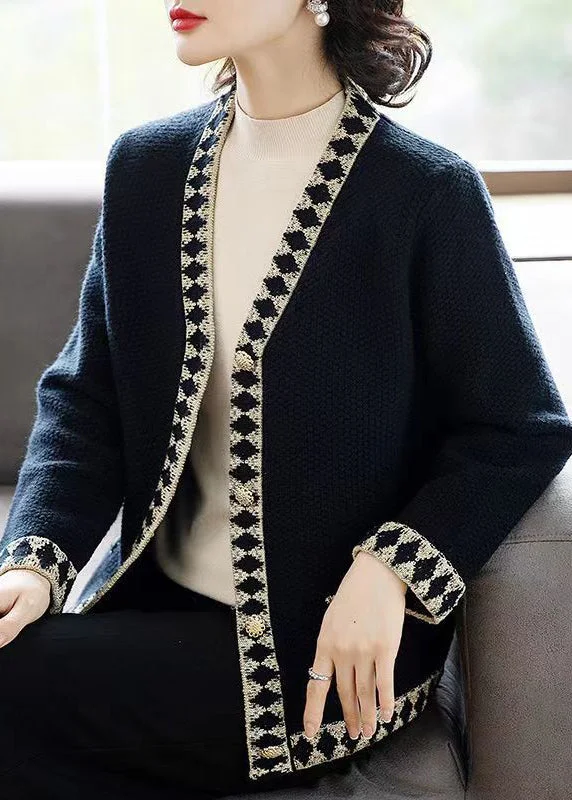 Cozy Lifestyle French Black V Neck Button Patchwork Knit Coats Fall