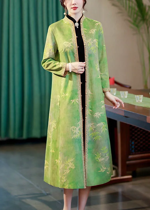 Relaxed Jackets New Green Print Button Pockets Patchwork Long Coats Fall